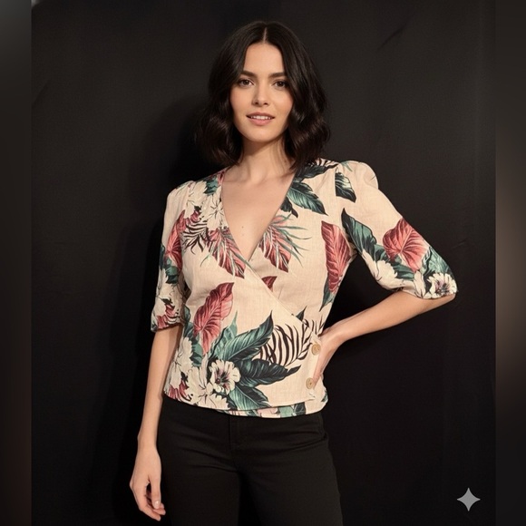 Zara Linen wrap blouse puff sleeve pink tropical print - Picture 4 of 13